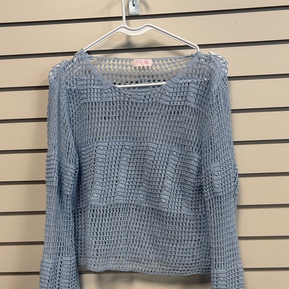 Pink Lily Light Blue Crochet Sweater